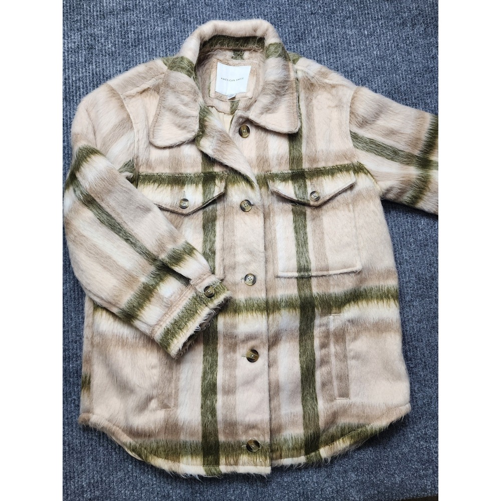 American Eagle Plaid Fuzzy Faux Fur Shacket Jacket Tan Green Medium